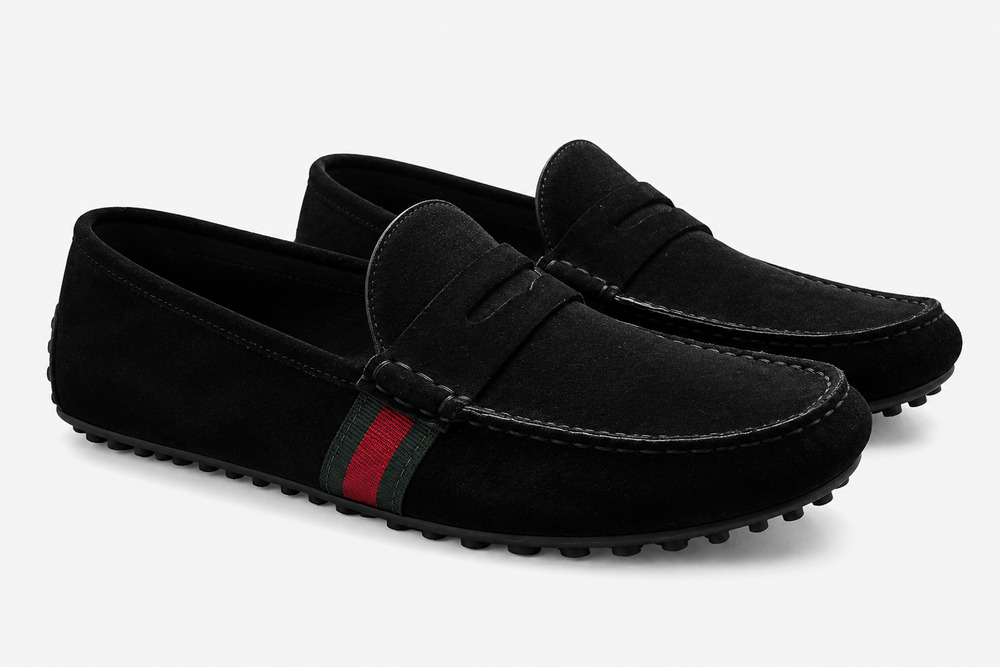 Gucci Kanye Black Suede Web Stripe Driving Loafers Men’s 8.5 US 9.5